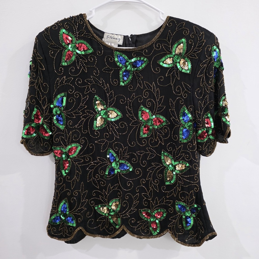 Vintage Stenay Womens Silk Beaded Sequin‎ Top Size Large Scallop Hem Glam